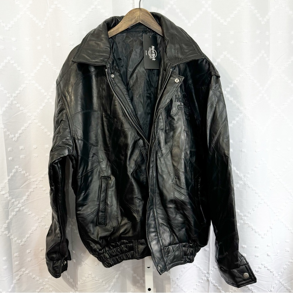 🪩 290. HARD ROCK Mens “Biloxi” black patch leather bomber jacket size Large NEW